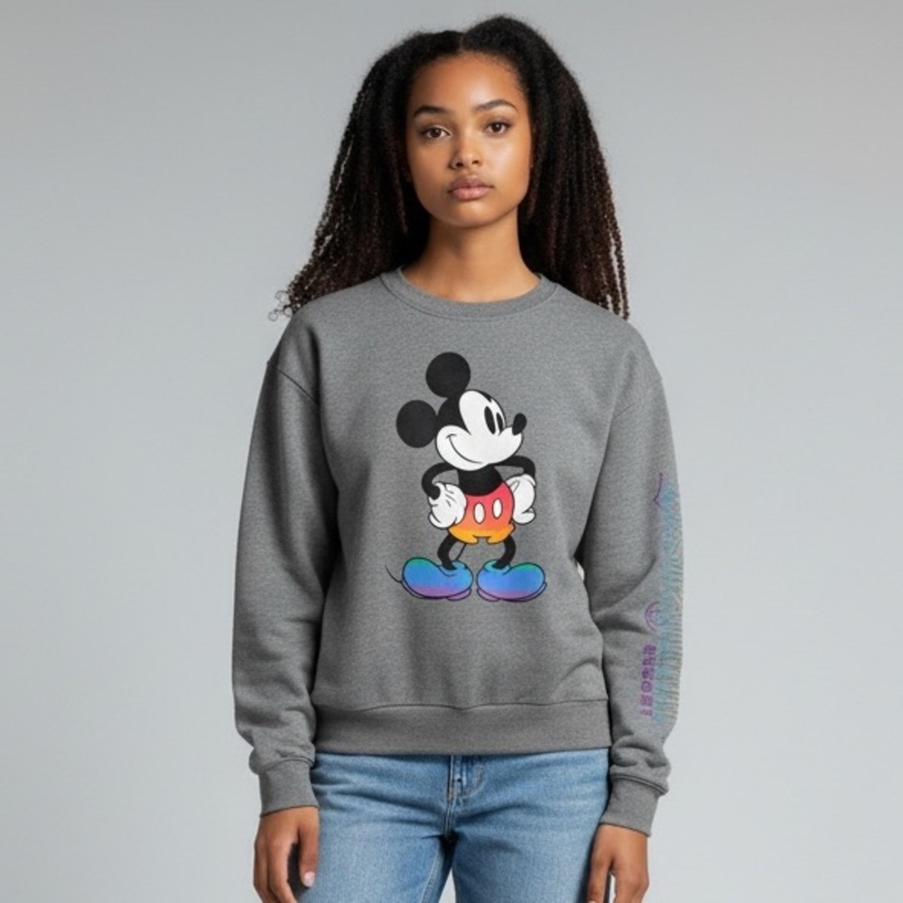 Disney Mickey Mouse Rainbow Crewneck Sweatshirt Gray Disneyland Resort Womens XS